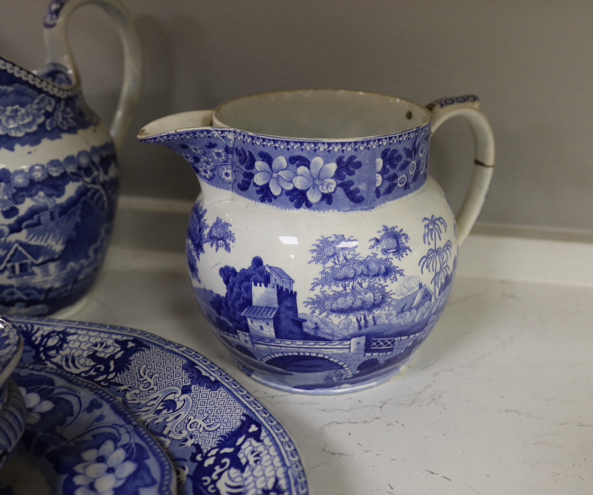 A collection of Victorian blue-printed ceramics, including Spode